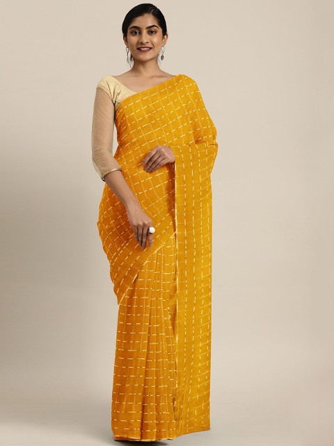 

KALINI Yellow & Gold-Toned Poly Chiffon Checked Dharmavaram Saree