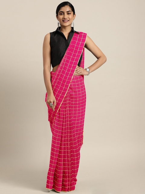 

KALINI Pink & Gold-Toned Poly Chiffon Checked Banarasi Saree