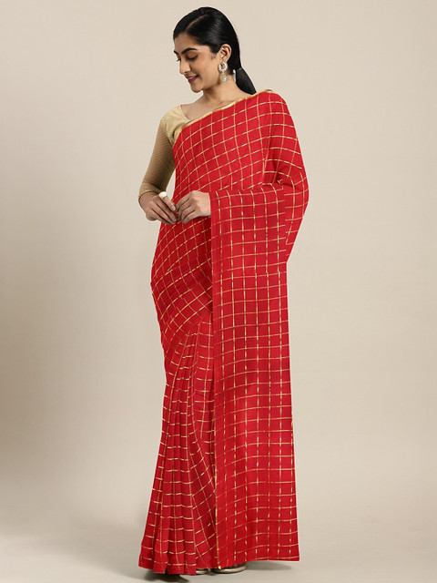 

KALINI Red & Gold-Toned Poly Chiffon Checked Dharmavaram Saree