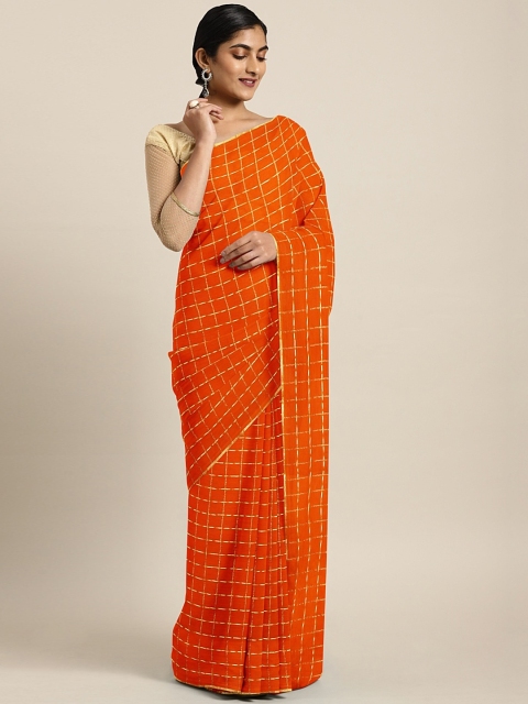 

KALINI Orange & Gold-Toned Poly Chiffon Checked Dharmavaram Saree