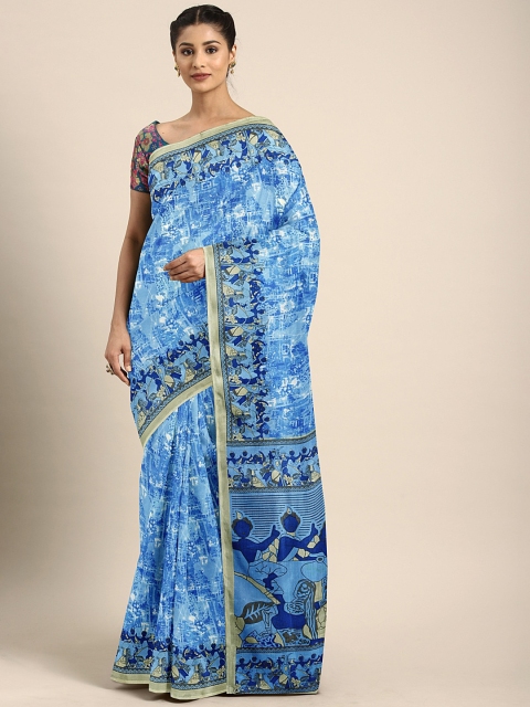 

KALINI Blue & White Silk Blend Printed Saree