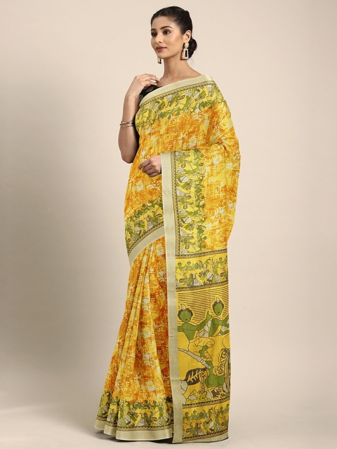 

KALINI Yellow Silk Blend Printed Kanjeevaram Saree