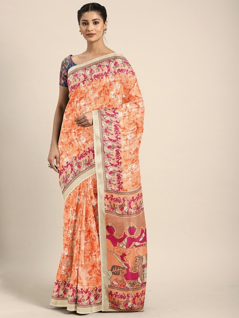 

KALINI Orange & Pink Silk Blend Printed Malgudi Saree