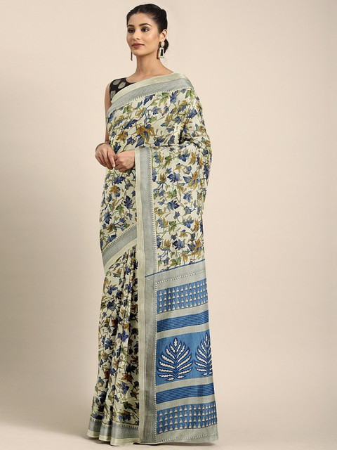 

KALINI Beige & Blue Silk Blend Printed Banarasi Saree
