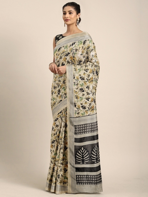 

KALINI Beige & Black Malgudi Silk Blend Floral Printed Kanjeevaram Celebrity Saree