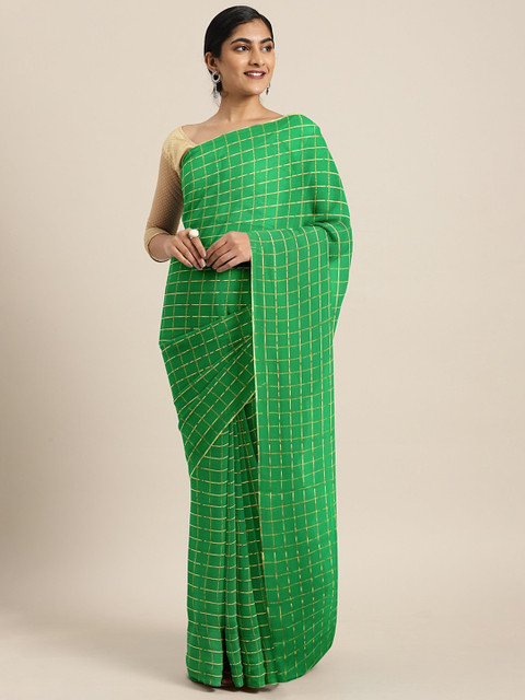 

KALINI Green & Golden Poly Chiffon Checked Saree