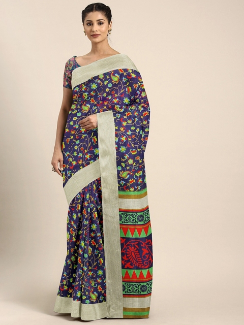

KALINI Navy Blue & Green Silk Blend Floral Printed Malgudi Saree