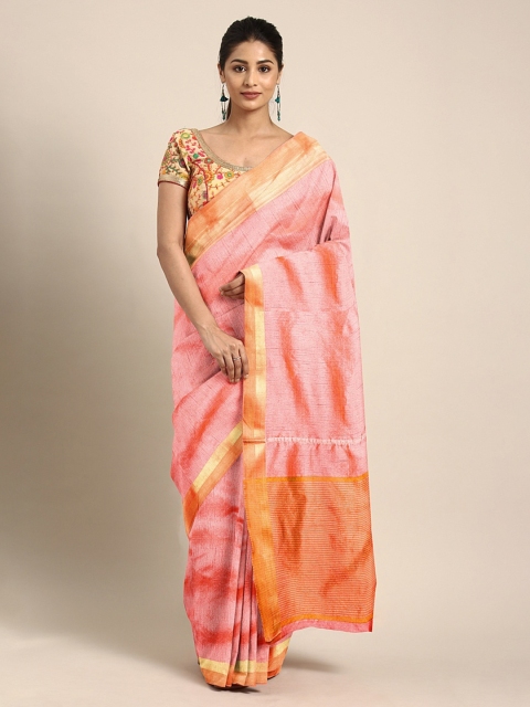 

KALINI Peach-Coloured Cotton Blend Solid Kanjeevaram Saree