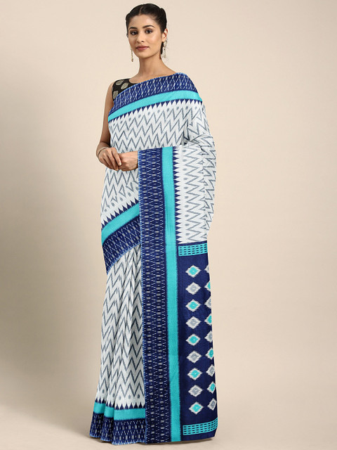 

KALINI Off-White & Blue Silk Blend Printed Kanjeevaram Saree