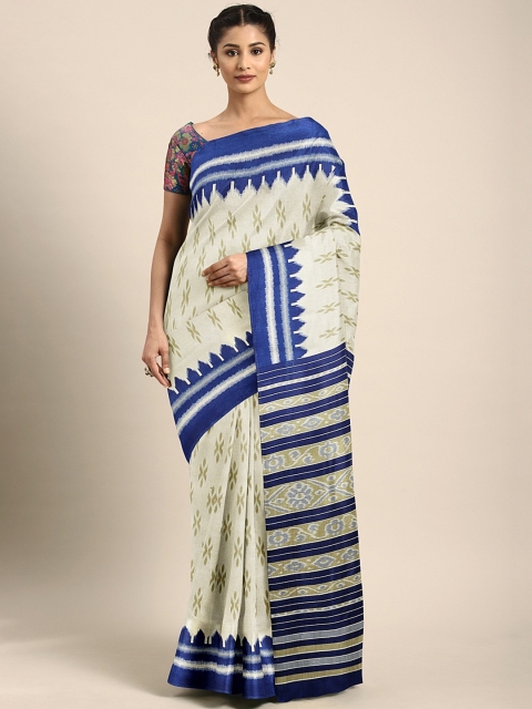 

KALINI Beige & Blue Silk Blend Printed Banarasi Saree