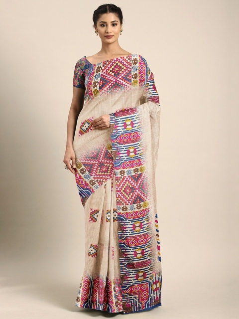 

KALINI Beige & Pink Printed Silk Blend Saree