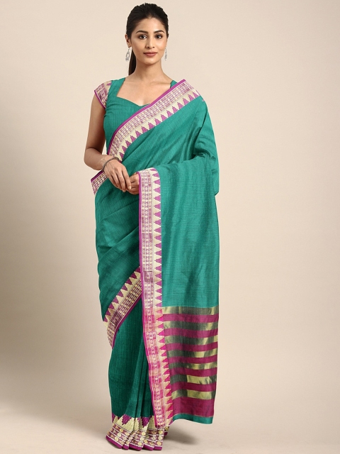 

KALINI Green & Pink Cotton Blend Solid Kanjeevaram Celebrity Saree