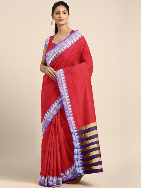 

KALINI Red Cotton Blend Solid Tussar Saree