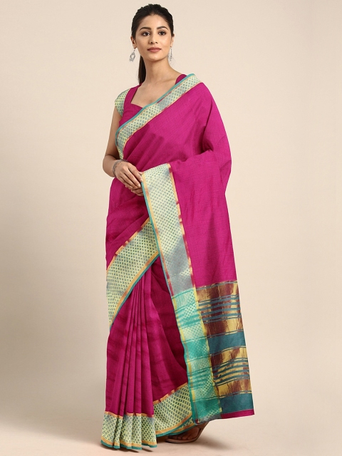 

KALINI Pink & Blue Cotton Blend Solid Kanjeevaram Celebrity Saree