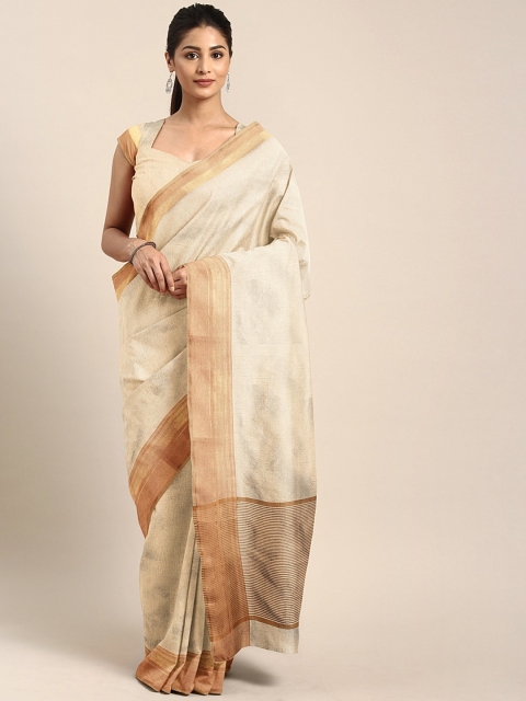 

KALINI Beige Cotton Blend Solid Kanjeevaram Tussar Saree