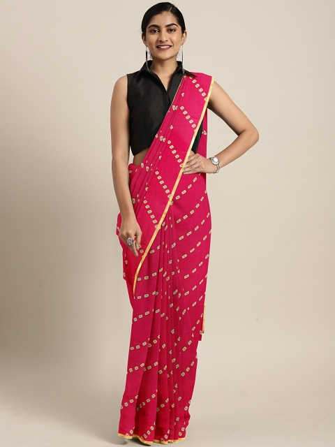 

KALINI Pink & Off-White Poly Chiffon Printed Bandhani Saree