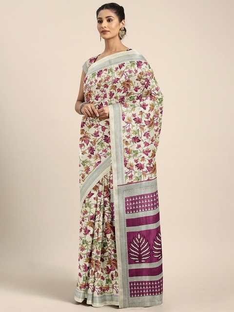 

KALINI Beige & Purple Silk Blend Printed Banarasi Saree