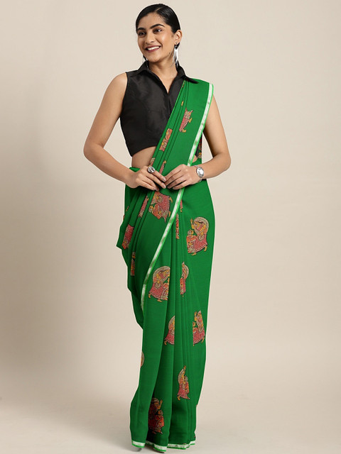 

KALINI Green & Pink Poly Chiffon Printed Kanjeevaram Saree