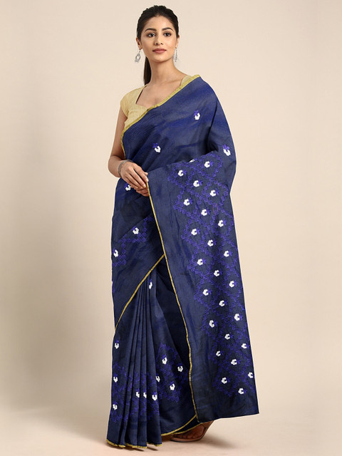 

KALINI Navy Blue & White Cotton Blend Embroidered Patola Saree
