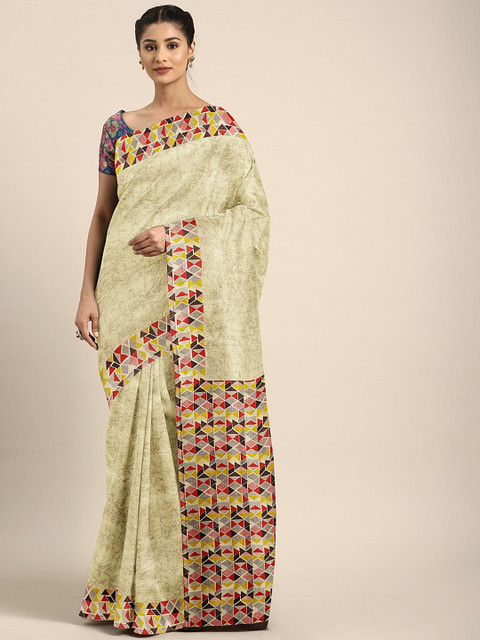 

KALINI Beige & Mustard Silk Blend Printed Banarasi Saree