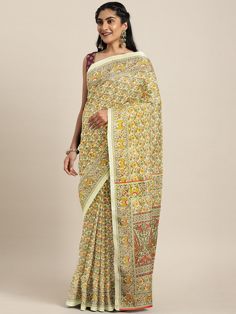 

KALINI Mustard Yellow & Green Silk Blend Printed Saree