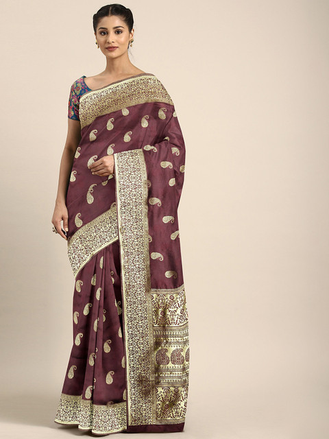 

KALINI Purple & Gold-Toned Silk Blend Woven Design Patola Saree