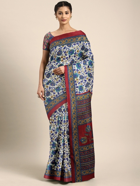 

KALINI Off-White & Teal Blue Silk Blend Floral Printed Malgudi Saree