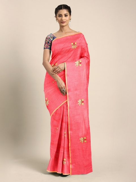 

KALINI Peach-Coloured & Gold-Toned Polycotton Embroidered Banarasi Saree