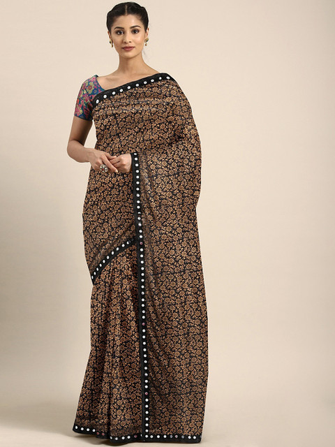 

KALINI Black & Gold-Toned Silk Blend Printed Saree