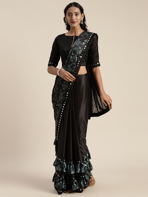 

KALINI Black Printed Silk Blend Half & Half Ruffle Detailing Celebrity Saree