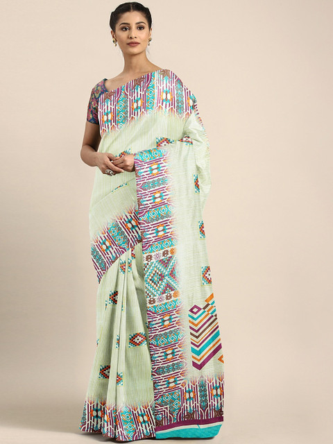 

KALINI Sea Green Silk Blend Printed Baluchari Saree