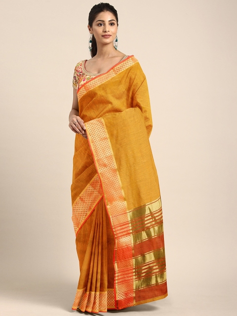 

KALINI Mustard Yellow Cotton Blend Solid Tussar Saree