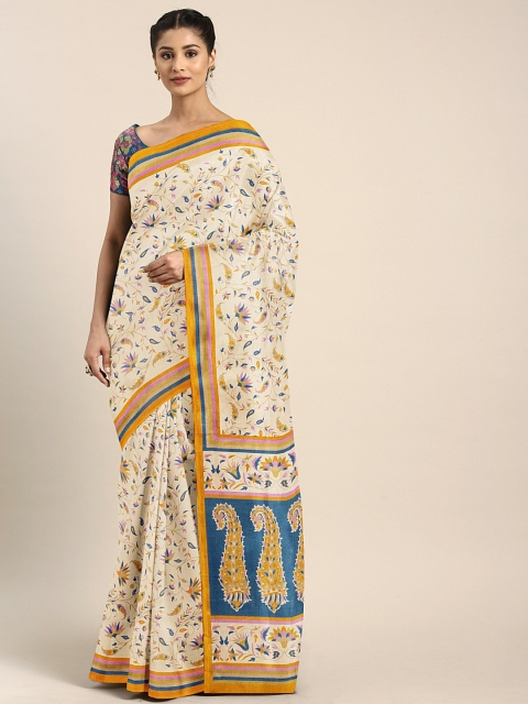 

KALINI Off-White & Mustard Yellow Silk Blend Floral Printed Malgudi Saree