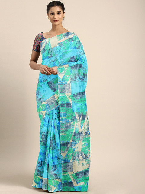 

KALINI Blue Silk Blend Printed Venkatgiri Saree