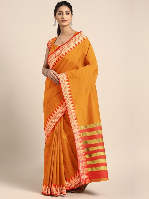 

KALINI Mustard Yellow & Red Cotton Blend Solid Kanjeevaram Celebrity Saree