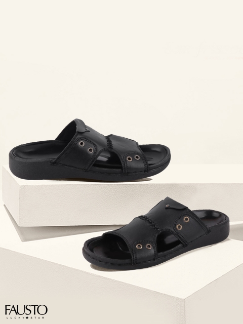 

FAUSTO Men Black Solid Leather Comfort Sandals