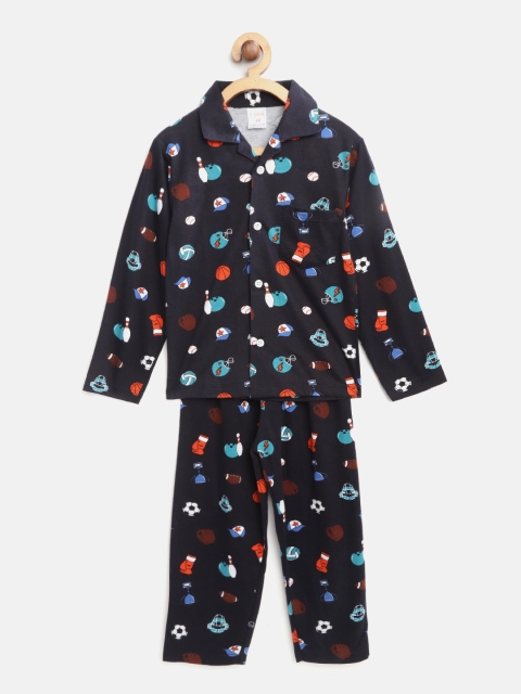 

NAUTI KIDZ Boys Navy Blue & White Conversational Printed Night Suit
