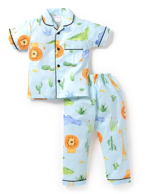 

NAUTI KIDZ Boys Blue & Yellow Conversational Printed Night Suit