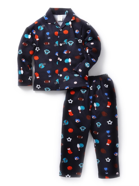 

NAUTI KIDZ Boys Navy Blue & Orange Printed Night Suit