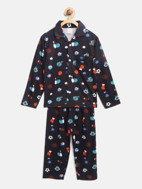 

NAUTI KIDZ Boys Navy Blue & Orange Conversational Print Night Suit