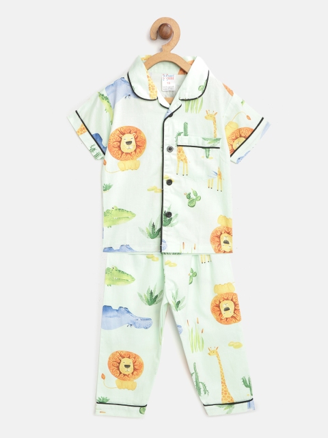 

NAUTI KIDZ Boys Green & Mustard Yellow Conversational Print Night Suit