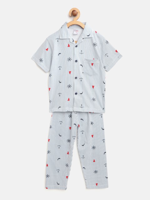 

NAUTI KIDZ Boys White & Grey Striped Night Suit with Printed Detail