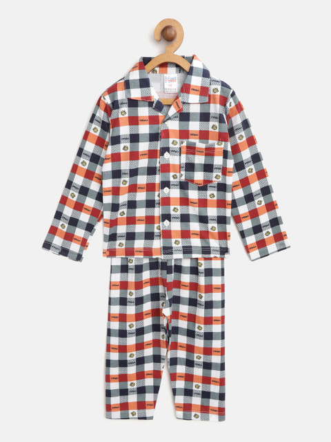 

NAUTI KIDZ Boys White & Navy Blue Checked Night Suit with Printed Detail