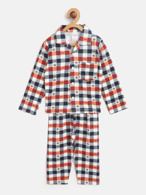 

NAUTI KIDZ Boys White & Navy Blue Checked Night Suit with Printed Detail