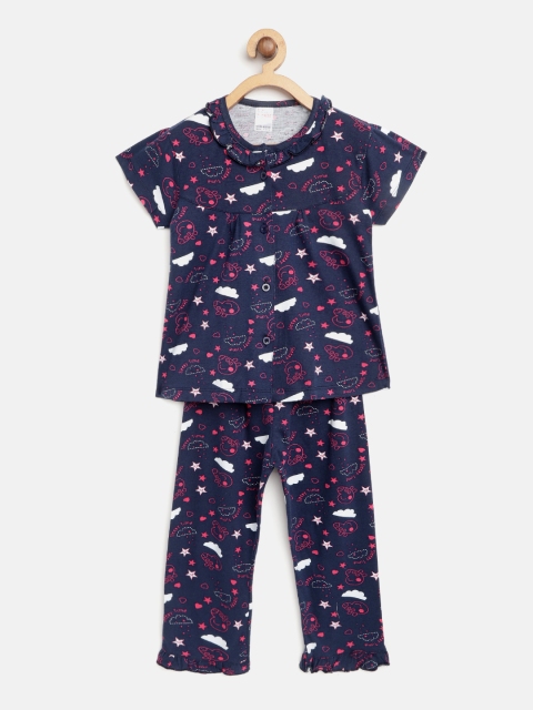 

NAUTI KIDZ Girls Navy Blue & White Peppa Pig Print Night Suit