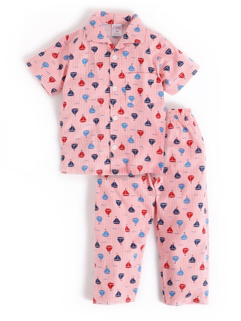 

NAUTI KIDZ Boys Peach-Coloured & White Checked Night Suit with Boat Printed Detail