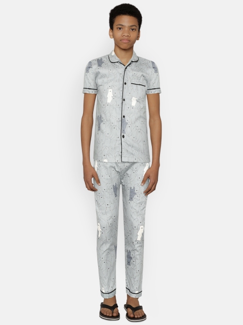 

NAUTI KIDZ Boys Grey & Black Bear Print Night Suit