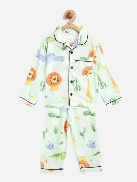 

NAUTI KIDZ Boys Green & Mustard Yellow Printed Night Suit