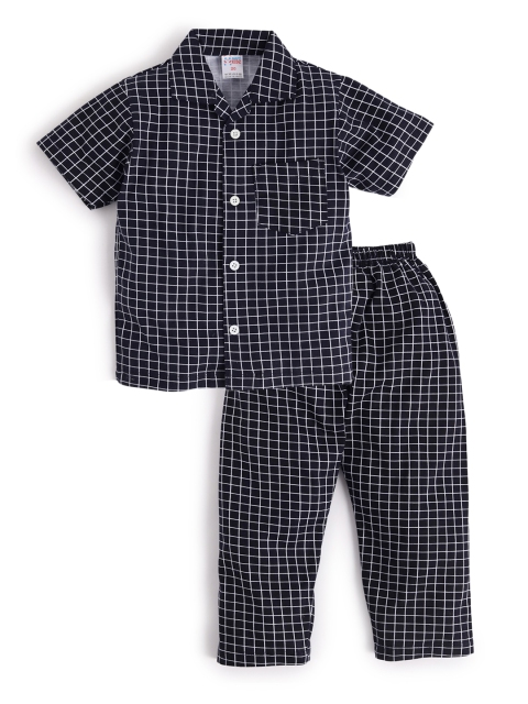 

NAUTI KIDZ Boys Navy Blue Checked Night suit