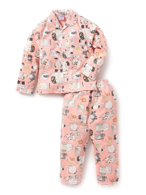 

NAUTI KIDZ Boys Peach-Coloured & White Elephant Printed Night Suit